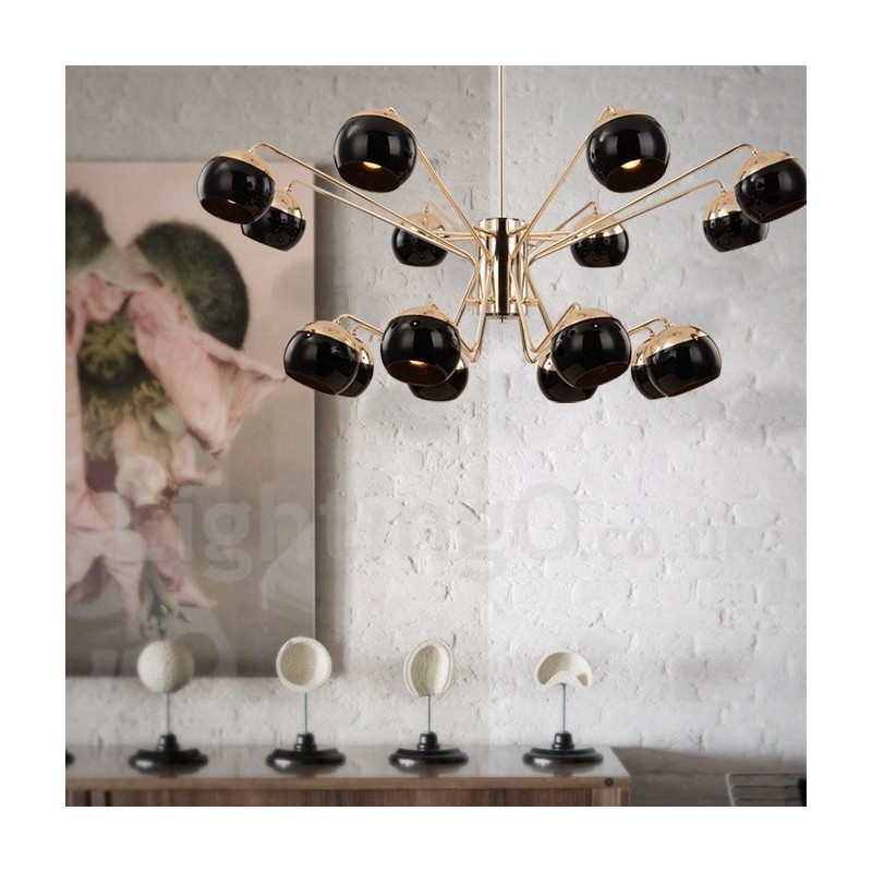Lampadario contemporaneo in metallo a 16 luci su 2 livelli con paralume in vetro 80x85 cm