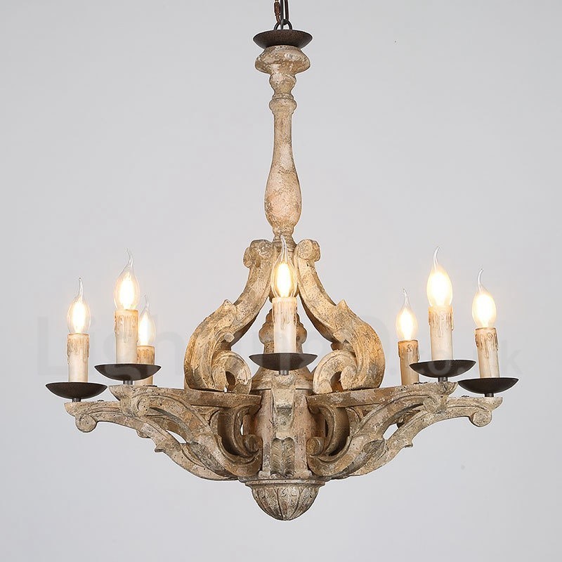 Lampadario vintage in legno a 8 luci