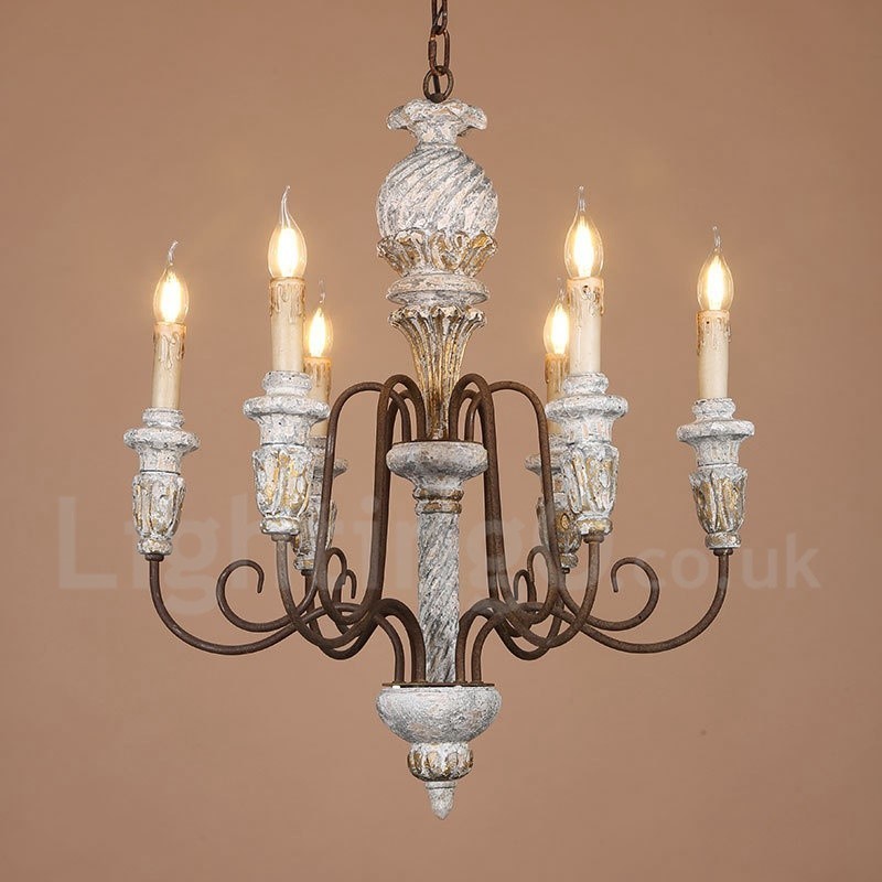 Lampadario vintage in legno a 6 luci LED 60 x 70 cm