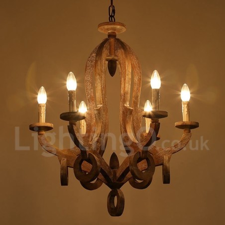 Lampadario vintage in legno chiaro a 6 luci