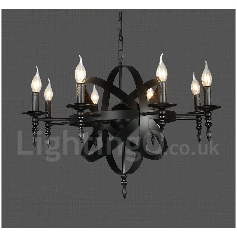 Lampadario vintage retrò in metallo nero a 8 luci, 50x70 cm