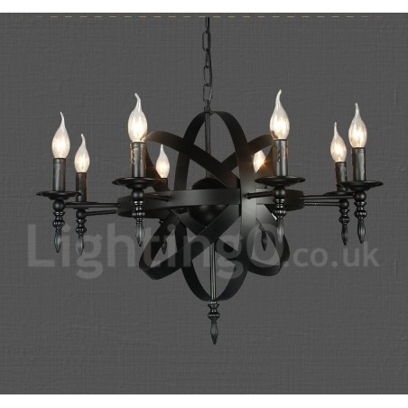 Lampadario vintage retrò in metallo nero a 8 luci, 50x70 cm