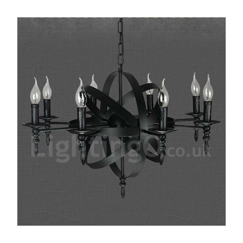 Lampadario vintage retrò in metallo nero a 8 luci, 50x70 cm