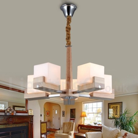 Lampadario in legno moderno contemporaneo 5 luci 60x40 cm