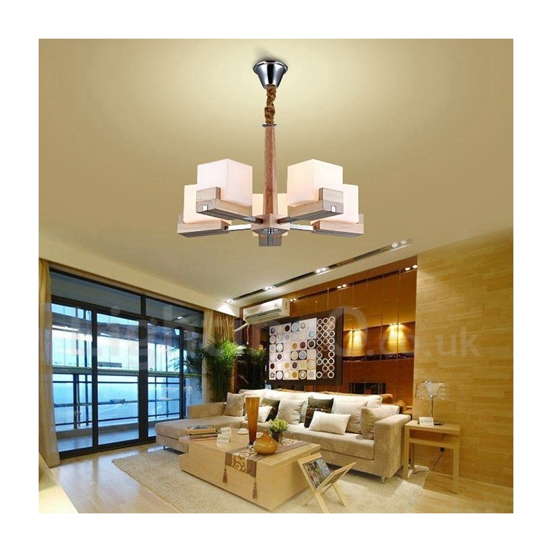 Lampadario in legno moderno contemporaneo 5 luci 60x40 cm