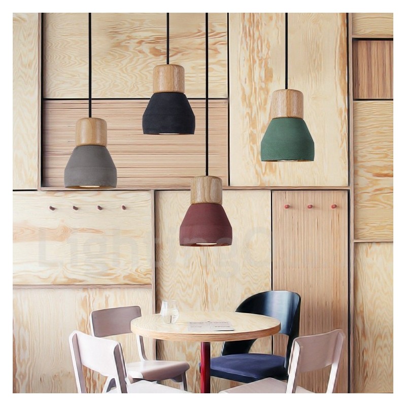 Lampada a sospensione moderna contemporanea in legno e cemento, 1 luce