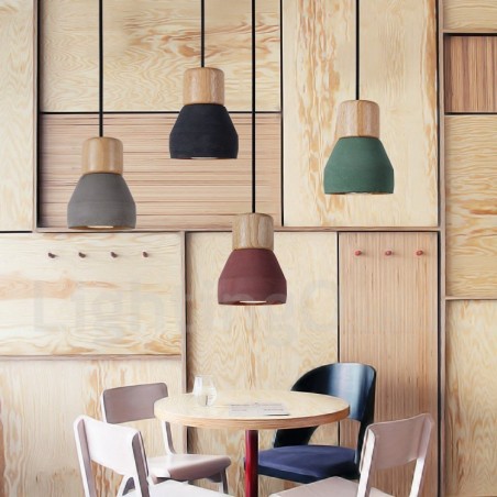 Lampada a sospensione moderna contemporanea in legno e cemento, 1 luce