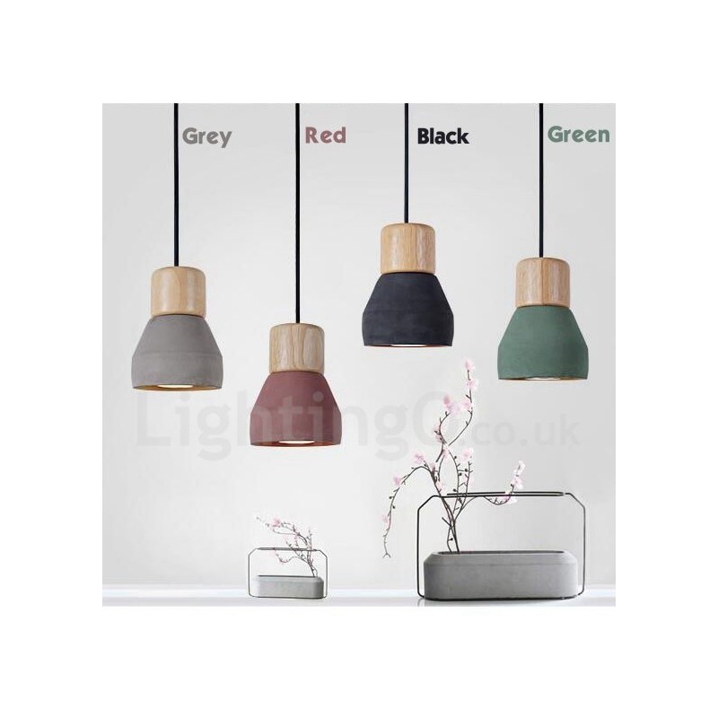 Lampada a sospensione moderna contemporanea in legno e cemento, 1 luce