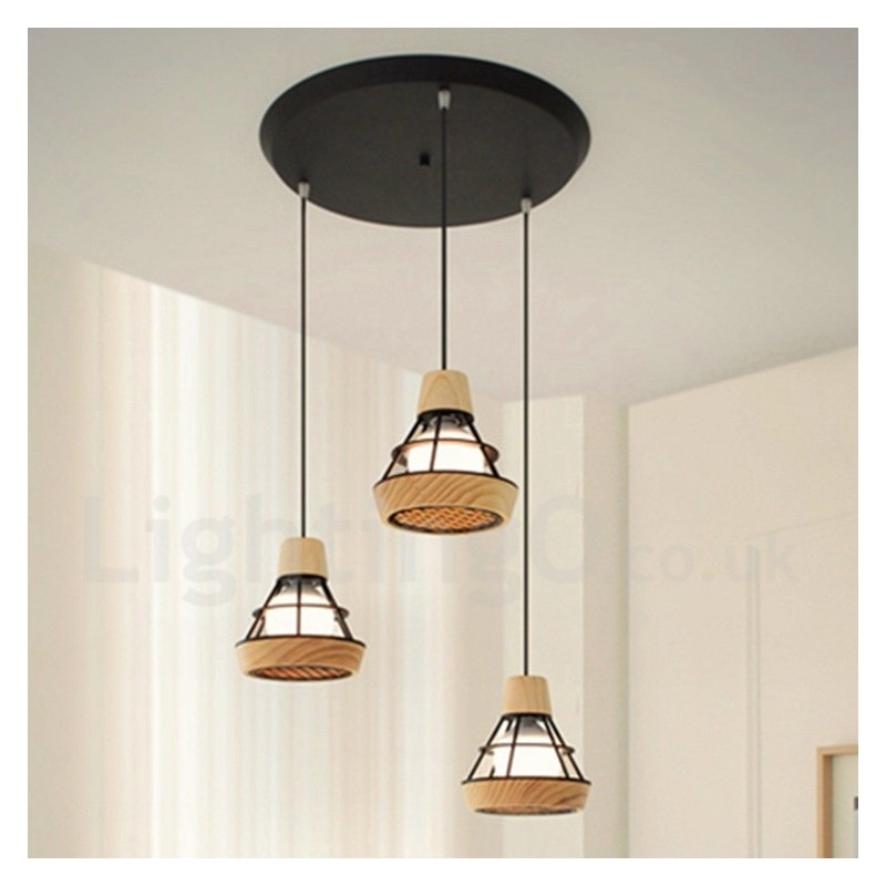 Lampada a sospensione in metallo e legno per sala da pranzo
