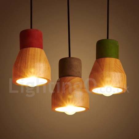 Lampada a sospensione vintage in legno e cemento