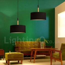 Lampada a sospensione a tamburo in legno con paralume in tessuto 25 cm