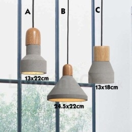 Lampada a sospensione contemporanea in legno e cemento, 1 luce