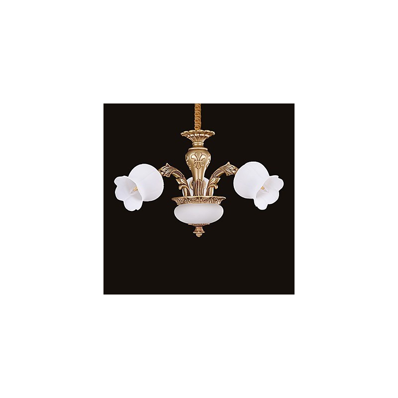 Lampadario moderno contemporaneo in metallo giallo e vetro bianco, 3 luci E26/E27