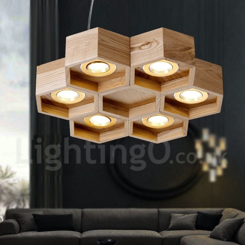 Lampada a sospensione in legno chiaro moderna contemporanea 6 lampadine 45x45 cm