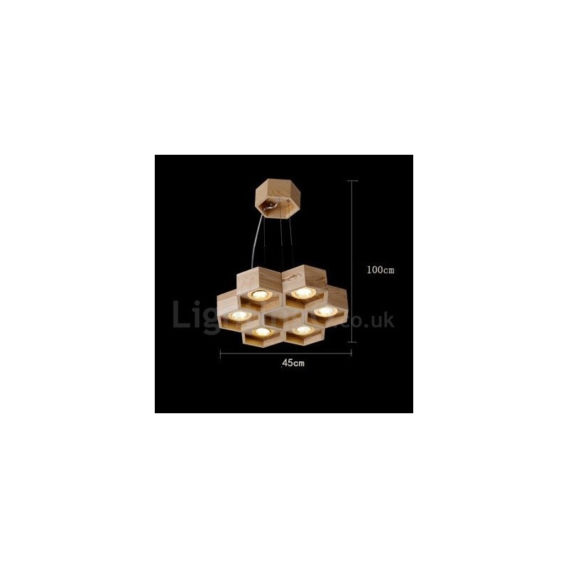 Lampada a sospensione in legno chiaro moderna contemporanea 6 lampadine 45x45 cm