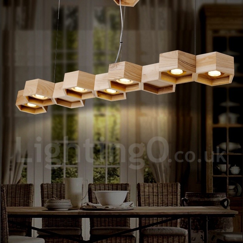 Lampada a sospensione in legno chiaro moderna 7 luci 120 cm