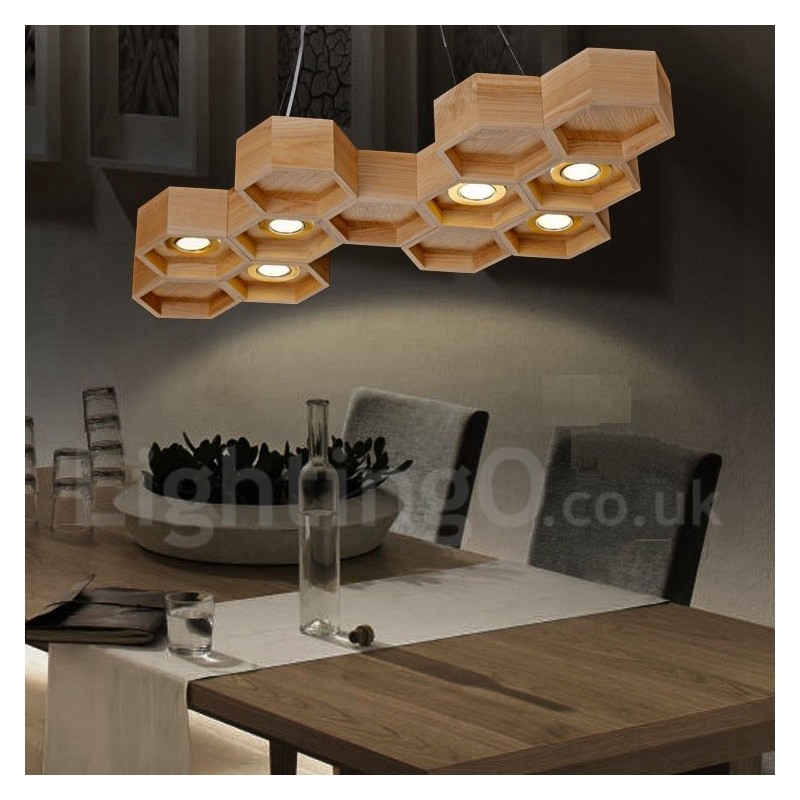 Lampada a sospensione in legno chiaro 6 luci, cavo regolabile 20 cm