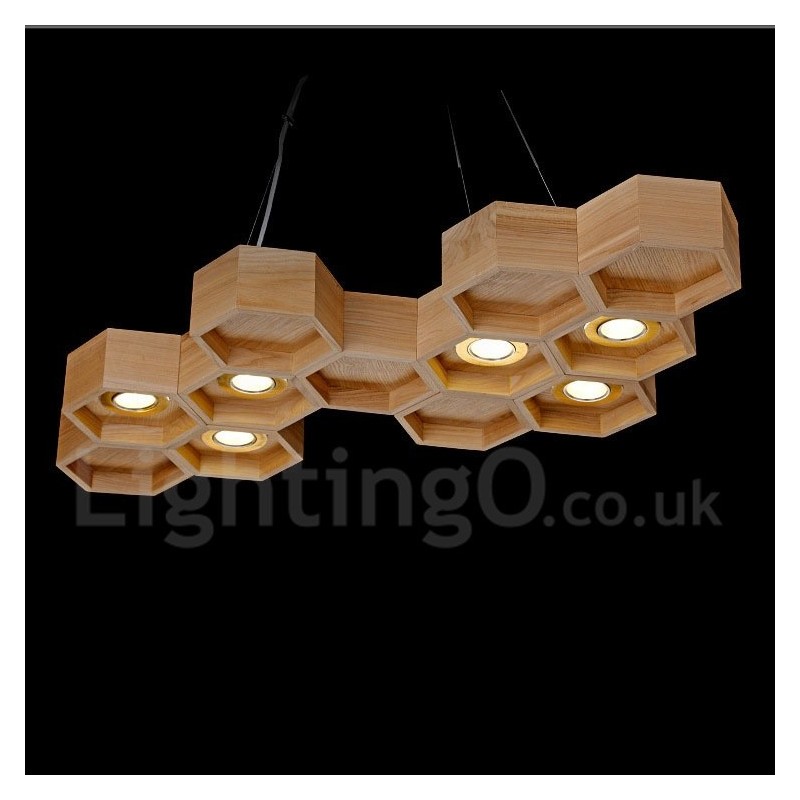 Lampada a sospensione in legno chiaro 6 luci, cavo regolabile 20 cm