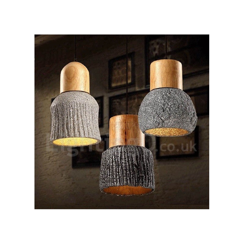Lampada a sospensione vintage retrò in legno e cemento
