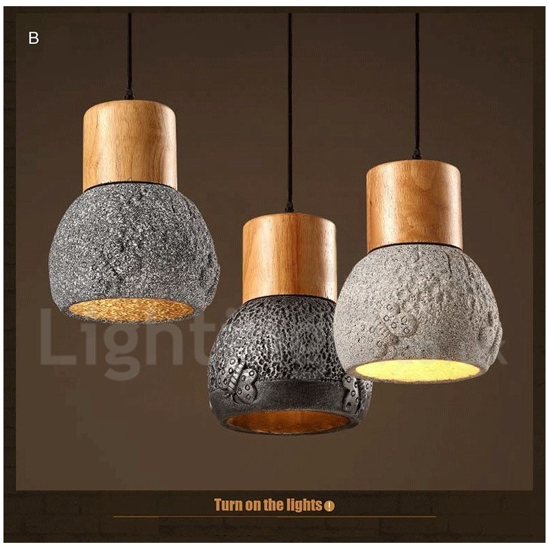 Lampada a sospensione vintage retrò in legno e cemento