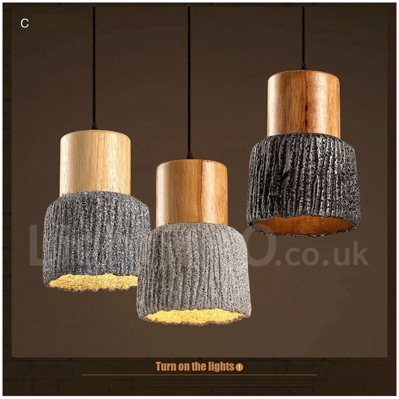 Lampada a sospensione vintage retrò in legno e cemento