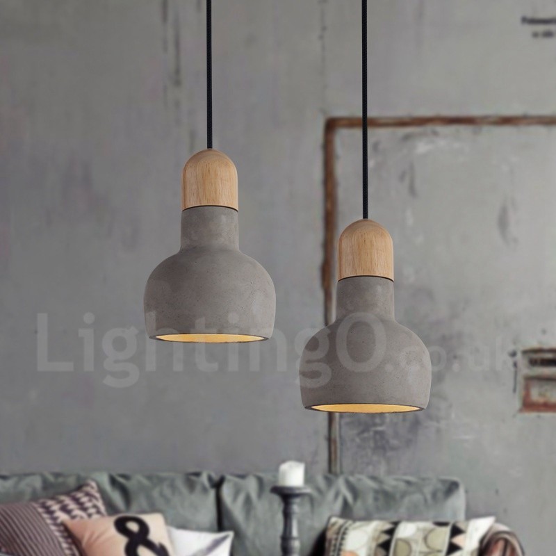 Lampada a sospensione singola vintage in legno e cemento
