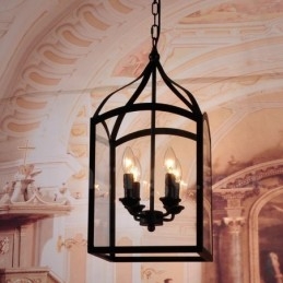 Lampada a sospensione rustica in metallo nero con 4 luci e paralume in vetro