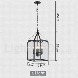 Lampada a sospensione rustica in metallo nero con 4 luci e paralume in vetro
