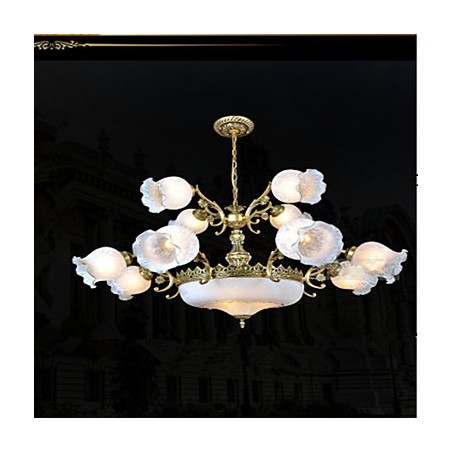 Lampadario classico retrò a 2 livelli in metallo bronzo con paralumi in vetro bianco