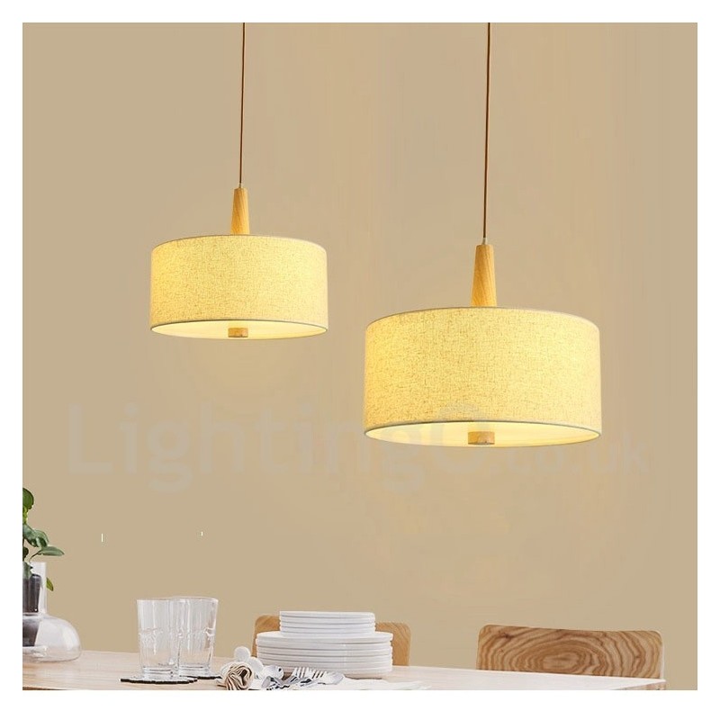 Lampada a sospensione a tamburo in legno con paralume in tessuto, 45 cm