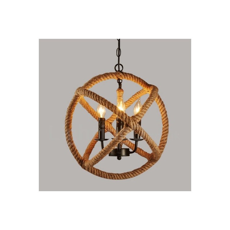 Lampada a sospensione vintage country 3 luci in corda di canapa 35x35 cm