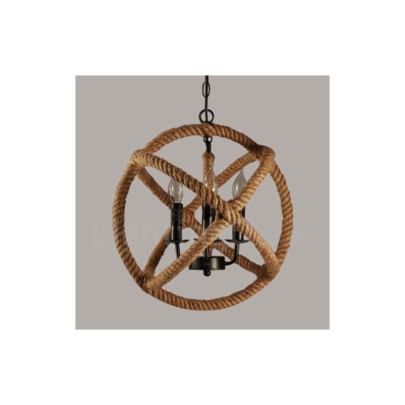 Lampada a sospensione vintage country 3 luci in corda di canapa 35x35 cm