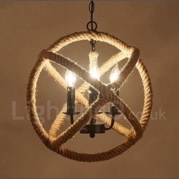 Lampada a sospensione vintage country 3 luci in corda di canapa 35x35 cm