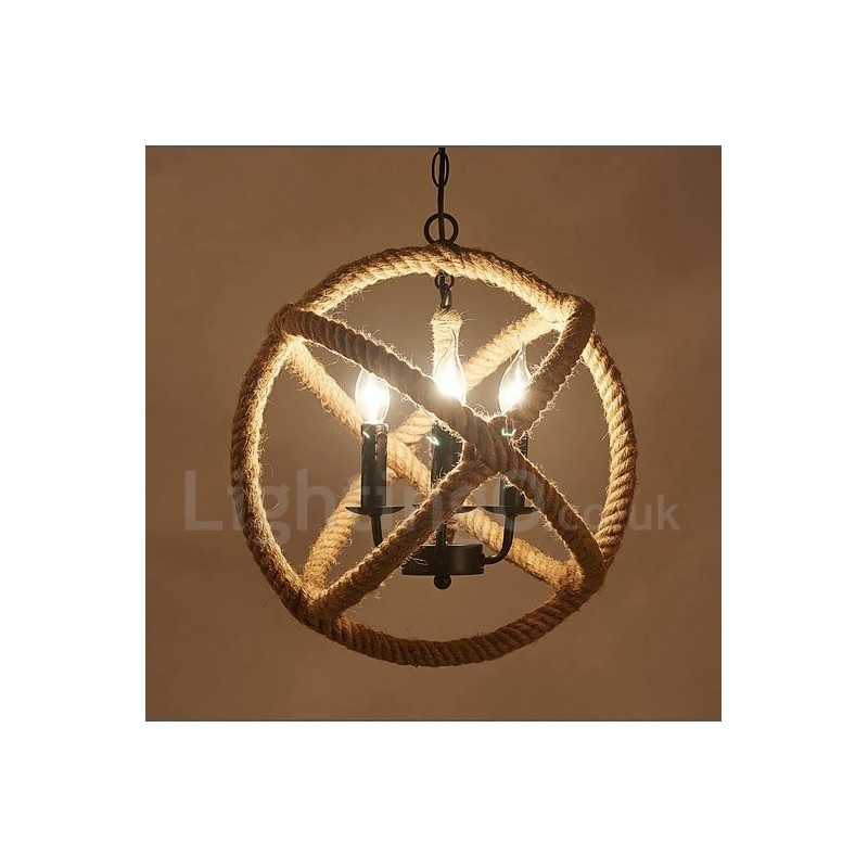 Lampada a sospensione vintage country 3 luci in corda di canapa 35x35 cm