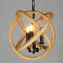 Lampada a sospensione vintage country 3 luci in corda di canapa 35x35 cm