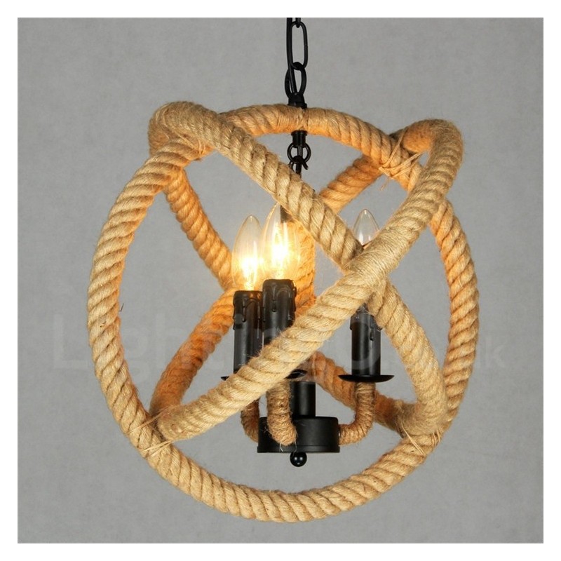 Lampada a sospensione vintage country 3 luci in corda di canapa 35x35 cm