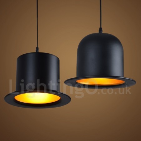 Lampada a sospensione vintage retrò a cappello in metallo nero 1 luce
