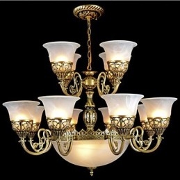 Lampadario classico in bronzo a 15 luci con vetro bianco