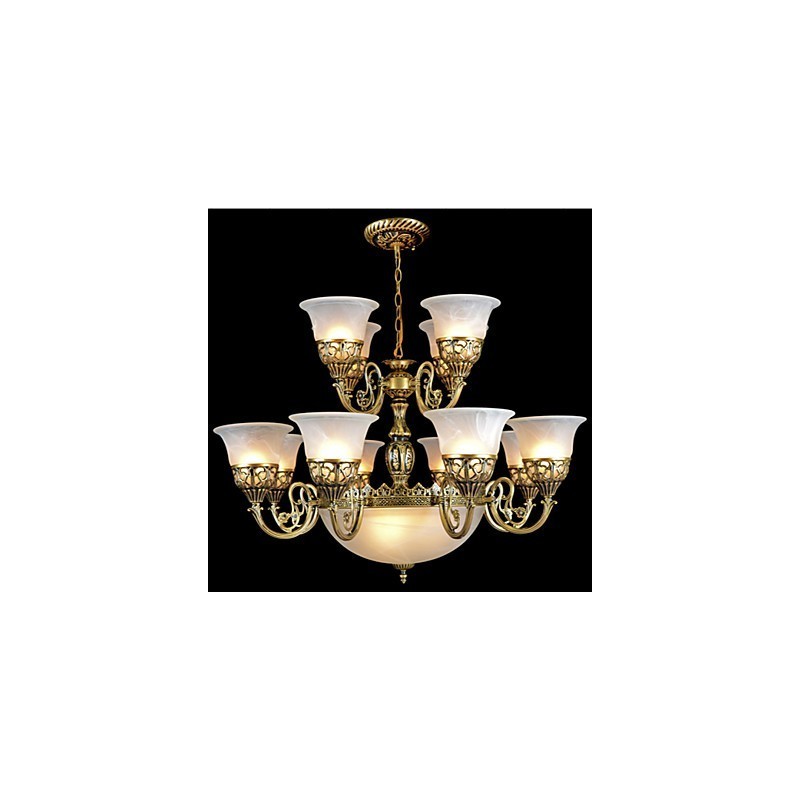 Lampadario classico in bronzo a 15 luci con vetro bianco