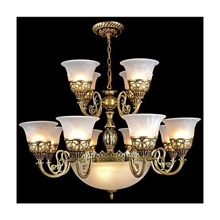 Lampadario classico in bronzo a 15 luci con vetro bianco