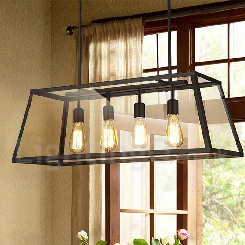 Lampada a sospensione rustica in metallo con paralume in vetro 4 lampadine 78 x 30 cm