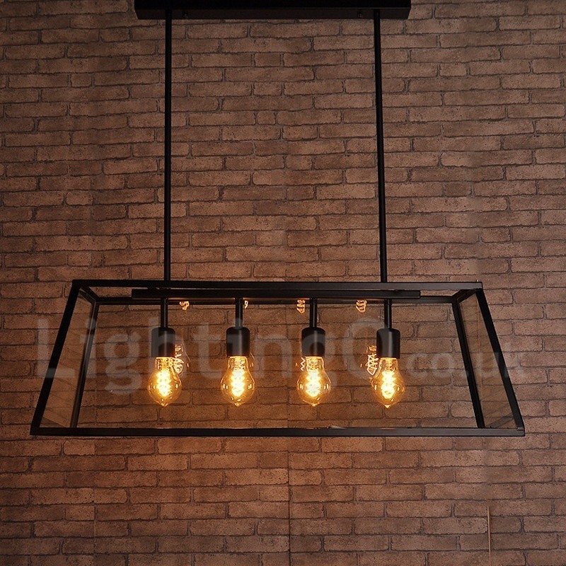 Lampada a sospensione rustica in metallo con paralume in vetro 4 lampadine 78 x 30 cm