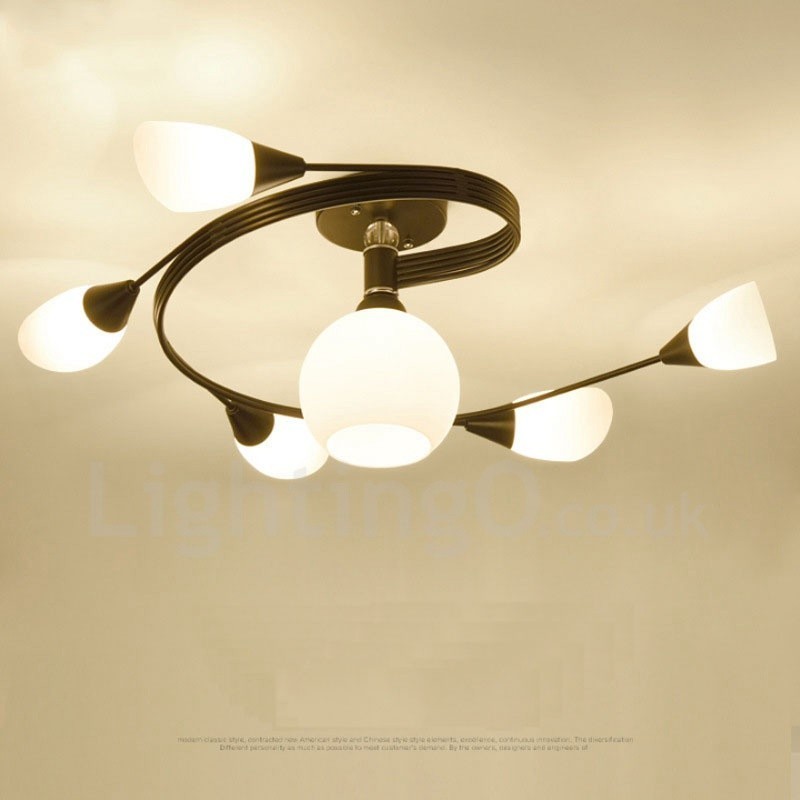 Lampadario rustico a 6 luci con paralume in vetro 89x30 cm