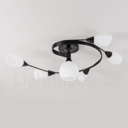 Lampadario rustico a 6 luci con paralume in vetro 89x30 cm