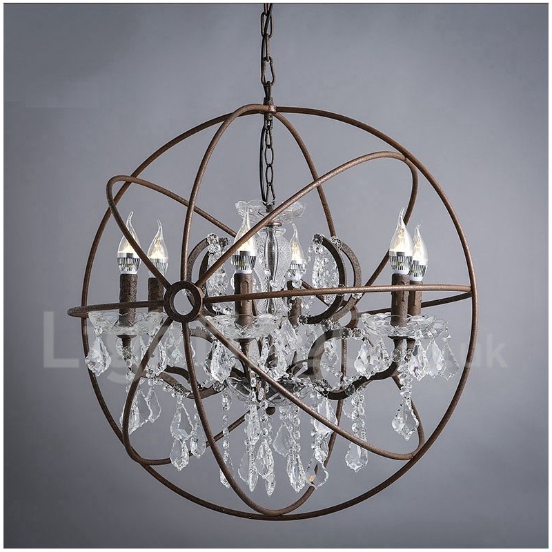 Lampadario vintage in metallo dipinto e cristallo color ruggine, 60 cm/80 cm