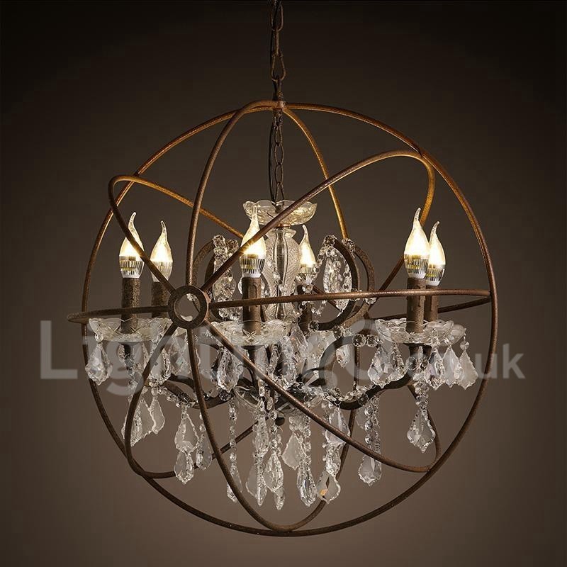 Lampadario vintage in metallo dipinto e cristallo color ruggine, 60 cm/80 cm