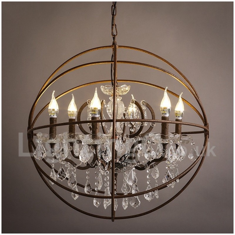 Lampadario vintage in metallo dipinto e cristallo color ruggine, 60 cm/80 cm