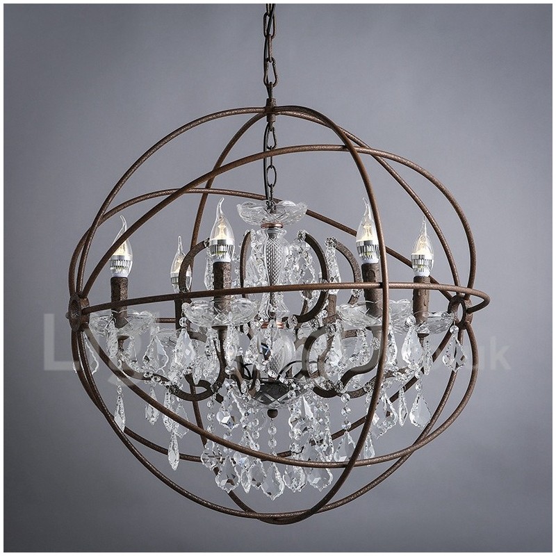Lampadario vintage in metallo dipinto e cristallo color ruggine, 60 cm/80 cm
