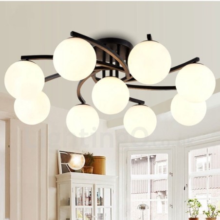 Lampadario rustico Lodge 9 luci con paralume in vetro 88x28 cm