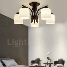 Lampadario country in metallo a 5 luci con paralumi in vetro
